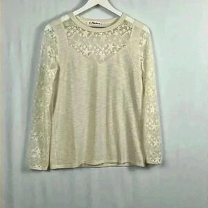 Macaron Women’s Classy Top Scoop Neck Pullover Beige Front Lacey Long Sleeves S